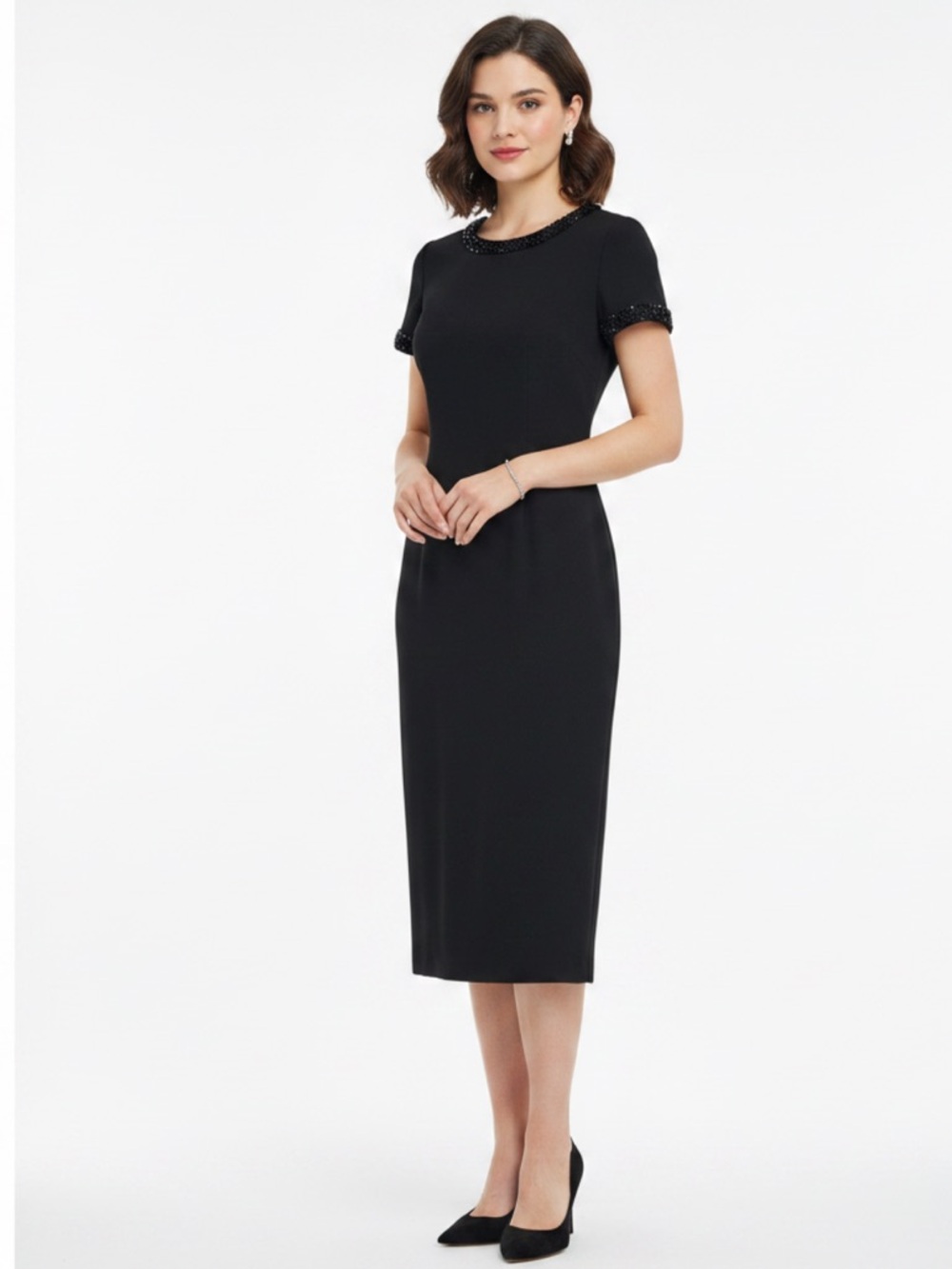 Vintage Patrick Collection Elegant Black Short Sleeve Beaded Neckline Midi Dress